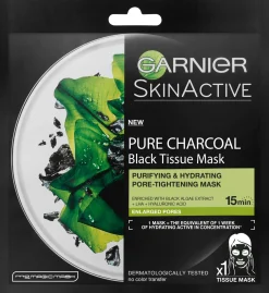 Garnier Skin Active Black Tissue Pure Charcoal Black Algae mattapinnan jättävä puhdistava naamio 32g