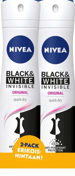 NIVEA 2x150ml Invisible For Black & White Original Deo Spray -antiperspirantti